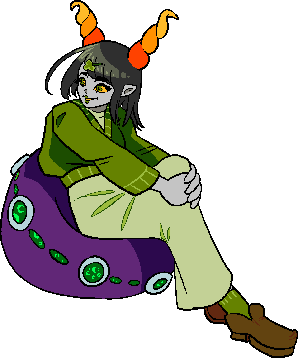 A digital drawing of a limeblood troll sitting on a sopor filled beanbag chair. There is a clover shaped green hair clip in their hair. They are wearing a green cropped sweater, a light green turtleneck dress, lime socks, and brown shoes. They have mid legth straight hair, lime eyes, and tall curly horns.