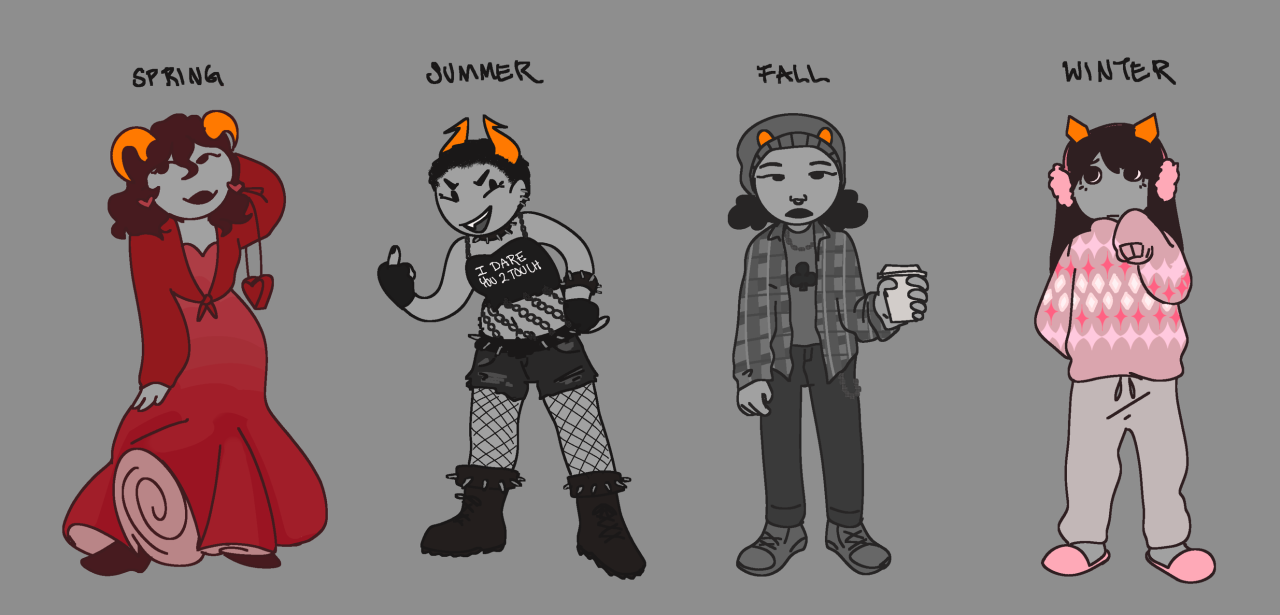 A digital drawing by relaxxattack on tumblr. Four trolls are wearing quadrant based fashion. The first troll is wearing a red dress with heart shaped accessories. The second troll is wearing a crop tank top that says I DARE YOU 2 TOUCH. This troll is also wearing black spikey accessories. The third troll is holding a coffee cup and wearing a grey flannel shirt, beanie hat, and a chain on their pants. The fourth troll is wearing pink ear muffs, a diamond pattern sweater, and house slippers.