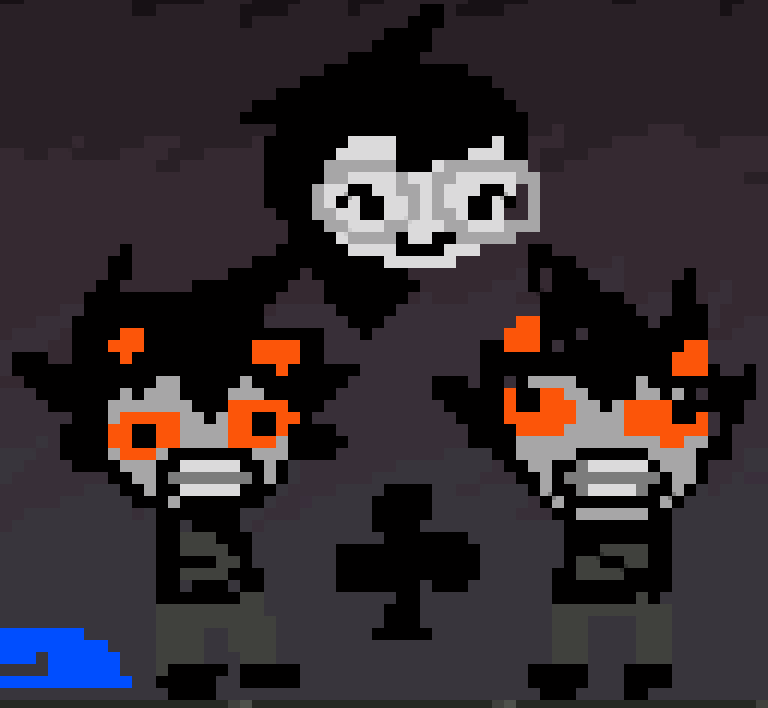 A screenshot from Homestuck of Nepeta's shipping wall on the meteor. It depicts Jade auspisticizing between future Karkat and past Karkat.